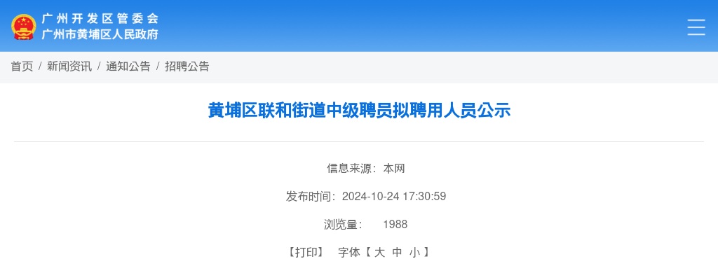2024广东广州市黄埔区联和街道中级聘员拟聘用人员公示 图片