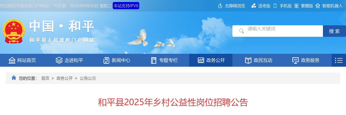 2025年河源市和平县乡村公益性岗位招聘39人公告 图片